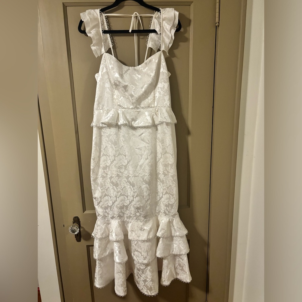 V Chapman Violet Corset Ruffled Tiered Hem Midi Dress